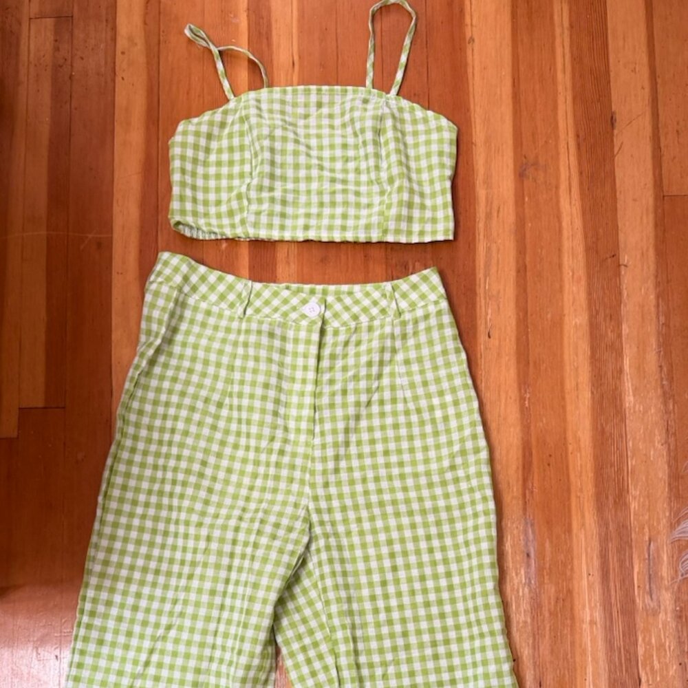 Green and White Gingham Two Piece Tank Top and Pants Set